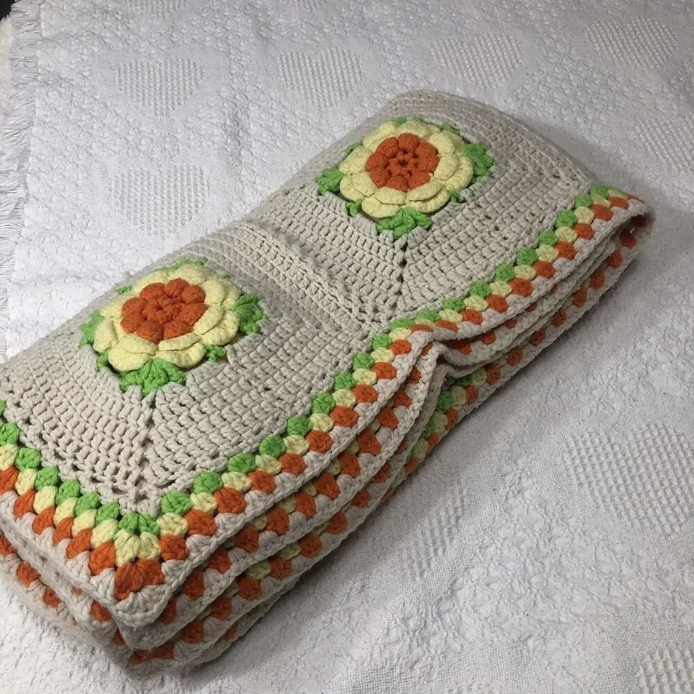 Crochet Afghan Blanket 3D Rose Throw Handmade Granny Square 70s Decor 42” x 68”